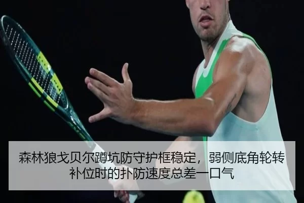 森林狼戈贝尔蹲坑防守护框稳定，弱侧底角轮转补位时的扑防速度总差一口气